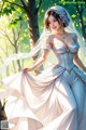 A woman in a wedding dress standing in the woods.