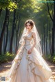 A woman in a wedding dress standing in the woods.