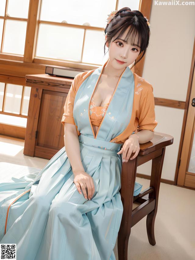 A woman in a blue and orange dress sitting on a chair.