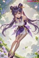 A girl with long purple hair is standing in a field of flowers.