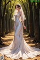 A woman in a wedding dress standing in the woods.